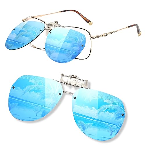 LOJUDI Polarisierte Sonnenbrille Aufsatz für Brille - Clip on Sonnenbrille zum Aufstecken für Brillenträger Sonnenbrillen Clip Herren Damen mit UV400 Schutz -Verspiegelt Blau von LOJUDI