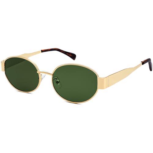 LOJUDI Retro Sonnenbrille Herren Damen Oval - Metallrahmen Rund Vintage Runde Sonnenbrille UV400 Schutz-Gold/Grün von LOJUDI