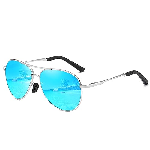 LOJUDI Sonnenbrille Herren Pilotenbrille Polarisiert Fliegerbrille Damen Schwarz Metallrahmen Unisex Vintage Verspiegelt Sonnenbrillen UV400 Schutz - Silber Rahmen/Blau Linse von LOJUDI