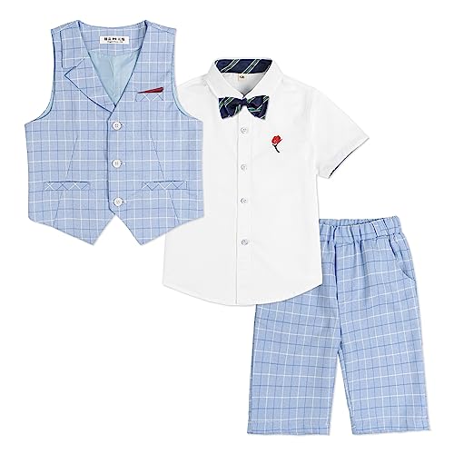 LOLANTA 4-teiliger Kinder Freizeit Anzug Set, Jungen Sommer Festlich Hochzeitsanzug, Kurzarm Hemd, Fliege, Weste, Kurze Hose, blau kariert, 110 von LOLANTA