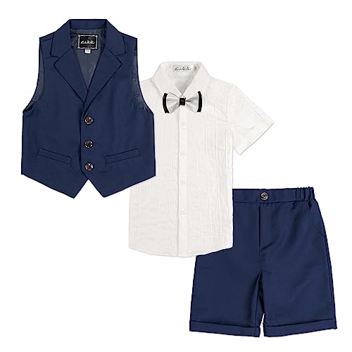 LOLANTA 4-teiliger Kinder Freizeit Anzug Set, Jungen Sommer Festlich Hochzeitsanzug, Kurzarm Hemd, Fliege, Weste, Kurze Hose, Dunkelblau, 140 von LOLANTA