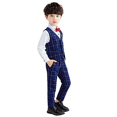 LOLANTA 4-teiliges Festliche Jungen Westen Set, Jungen Hochzeit Anzug,Weste, Hemd, Hose mit Fliege(5-6 Jahre,Blau,Tag 120) von LOLANTA