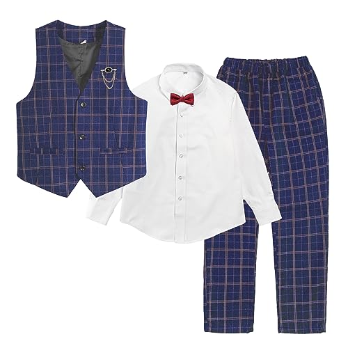 LOLANTA 4-teiliges Festliche Jungen Westen Set, Jungen Hochzeit Anzug,Weste, Hemd, Hose mit Fliege(6-7 Jahre,Blau,Tag 130) von LOLANTA