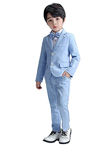 LOLANTA 3-teiliges Jungen Plaid Anzug Set, Eleganter Blazer für Hochzeits-Abschlussball, Formelle Kleidung Jacken-Hose-Fliege Set(Blau,10-11 Jahre,Etikettengröße 150) von LOLANTA