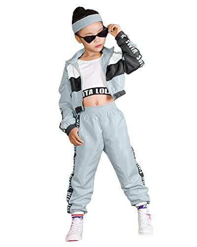 LOLANTA 3-teiliges Hip-Hop-Kleidung Set für Mädchen, StreetDance-Outfit für Kinder, kurzes Trägershirt, Jacke und Joggerhose, Blau, Etikettengröße: 110 von LOLANTA