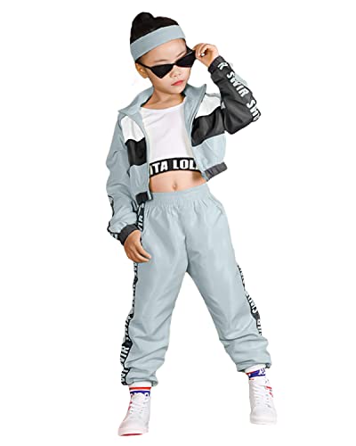 LOLANTA 3-teiliges Hip-Hop-Kleidung Set für Mädchen, StreetDance-Outfit für Kinder, kurzes Trägershirt, Jacke und Joggerhose, Blau, Etikettengröße: 150 von LOLANTA