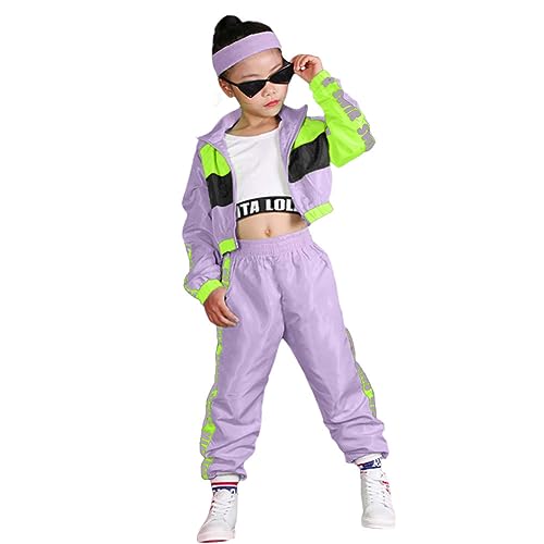 LOLANTA 3-teiliges Hip-Hop-Kleidung Set für Mädchen, StreetDance-Outfit für Kinder, kurzes Trägershirt, Jacke und Joggerhose, Violett, Etikettengröße: 130 von LOLANTA