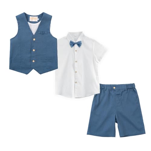 LOLANTA 4 STK Pagen Junge Anzug Set, Jungen Leinen Sommer Anzug, Festliche Sommerhochzeit Taufe Zeremonie Anzüge, Geburtstag Partykleidung, Kinder Westen Shorts Anzug Set, Blau, 5-6 Jahre, 120 von LOLANTA