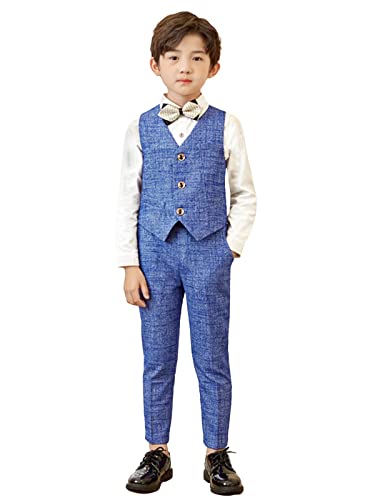 LOLANTA 4 STK. Einreihige Anzugweste Set Hochzeit,Kinderanzug Festlich, Weste,Hemd, Hose, Fliege(11-12 Jahre,Blau,Tag 160) von LOLANTA