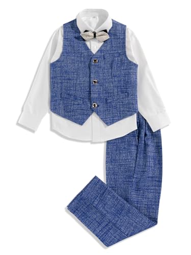 LOLANTA 4 STK. Einreihige Anzugweste Set Hochzeit,Kinderanzug Festlich, Weste,Hemd, Hose, Fliege(4-5 Jahre,Blau,Tag 110) von LOLANTA