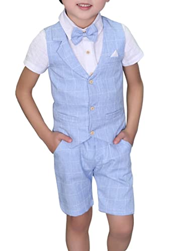 LOLANTA 4 STK. Kleinkind Junge Sommerhochzeit Baumwolle/Leinen Mischung Kids Weste Kurze Set-Seite Junge Anzüge, Weste Anzüge,Blau,104-110 (Tag 110) von LOLANTA