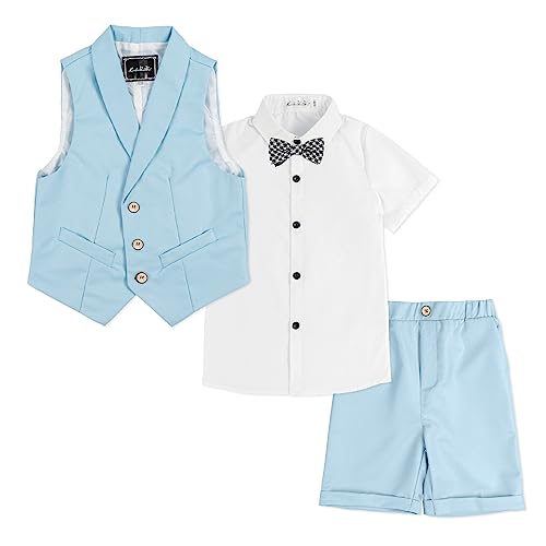 LOLANTA 4-teiliger Kinder Freizeit Anzug Set, Jungen Sommer Festlich Hochzeitsanzug, Kurzarm Hemd, Fliege, Weste, Kurze Hose, Blau, 130 von LOLANTA