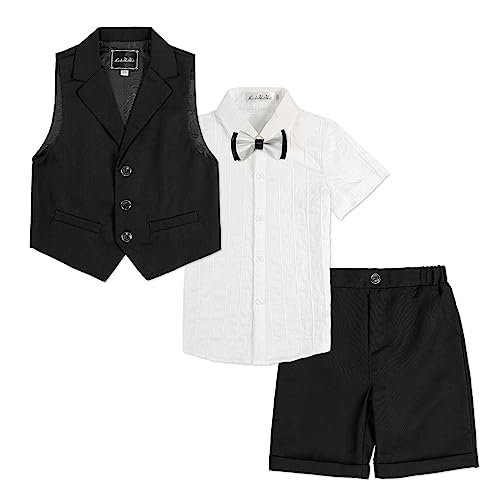 LOLANTA 4-teiliger Kinder Freizeit Anzug Set, Jungen Sommer Festlich Hochzeitsanzug, Kurzarm Hemd, Fliege, Weste, Kurze Hose, Schwarz, 150 von LOLANTA