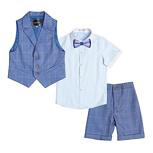 LOLANTA 4-teiliger Kinder Freizeit Anzug Set, Jungen Sommer Festlich Hochzeitsanzug, Kurzarm Hemd, Fliege, Weste, Kurze Hose, dunkelblau kariert, 120 von LOLANTA