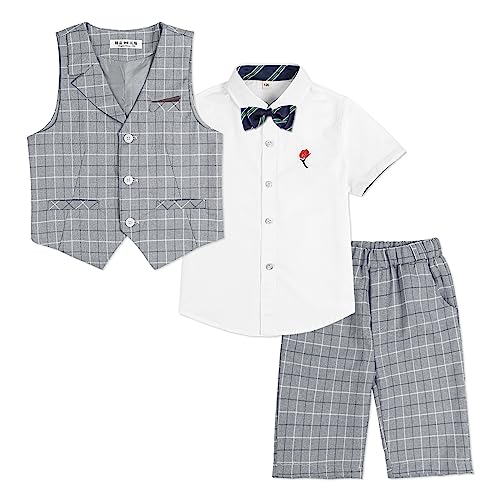 LOLANTA 4-teiliger Kinder Freizeit Anzug Set, Jungen Sommer Festlich Hochzeitsanzug, Kurzarm Hemd, Fliege, Weste, Kurze Hose, grau kariert, 130 von LOLANTA