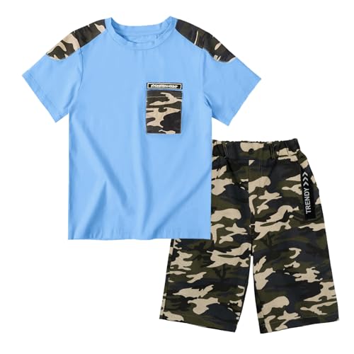 LOLANTA Jungen Kurzarm-T-Shirt + Camouflage Kurze Hose, 2-teiliges Sommer Bekleidungssets für Kinder, Blau, 11-12 Jahre, 160 von LOLANTA