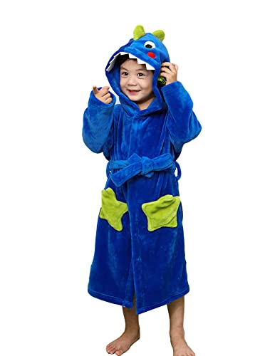 LOLANTA Kinder Fleece Bademantel Dinosaurier Plüsch Kapuzenbademantel, Blauer Dinosaurier, S (1-2 Jahre) von LOLANTA