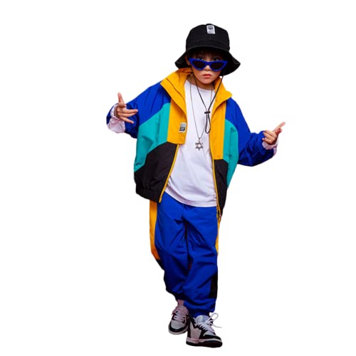 LOLANTA Kinder Hip Hop Kostüm, Teenager Color Blocking Jacken Hose Tanz Kleidungsset(B-Blau,8-9 Jahre,Tag 140) von LOLANTA