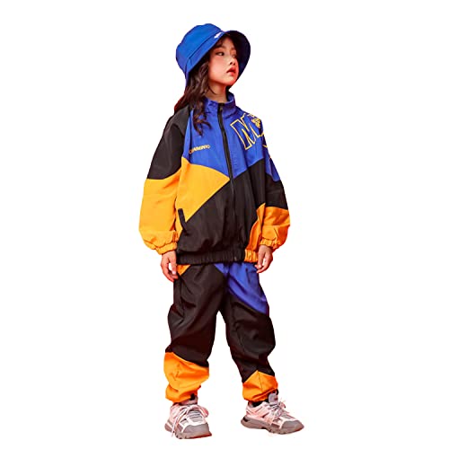 LOLANTA Kinder Hip Hop Kostüm, Teenager Color Blocking Jacken Hose Tanz Kleidungsset(Blau,6-7 Jahre,Tag 130) von LOLANTA