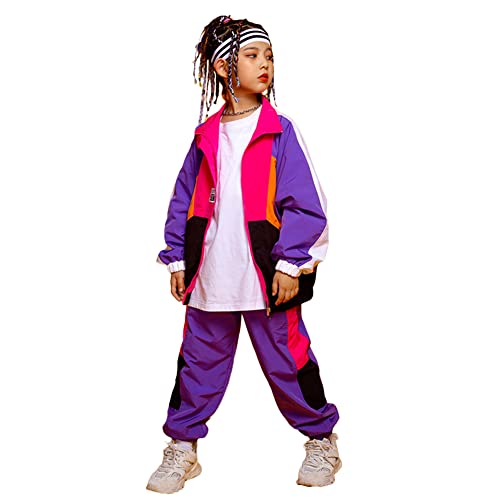 LOLANTA Kinder Hip Hop Kostüm, Teenager Color Blocking Jacken Hose Tanz Kleidungsset(Lila,11-12 Jahre,Tag 160) von LOLANTA