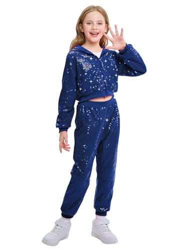 LOLANTA Kinder Pailletten Hip Hop Tanz Kostüm Street Dancewear Jacke Hose Set, Blau, 5-6 Jahre, 120 von LOLANTA