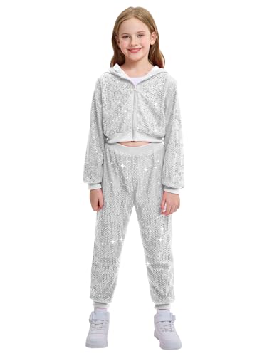 LOLANTA Kinder Pailletten Hip Hop Tanzkostüm Street Dancewear Jacke Hose Set, Silber, 11-12 Jahre, 160 von LOLANTA