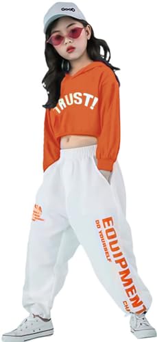 LOLANTA Mädchen Hip Hop Kleidung, Street Dance Outfit, Hoodie, Joggerhose Kinder Trainingsanzug Set, Orange, 130 von LOLANTA