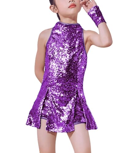LOLANTA Mädchen Pailletten-Kostüm Hip Hop Dancewear Funkelndes Tanzkleid Gesetzt, Lila, 5-6 Jahre, 120 von LOLANTA