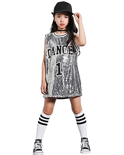 LOLANTA Mädchen Pailletten Tanzkostüm Hip Hop Tanzkleidung Sparkle Ärmelloses Tank Top Kleid, Silber Grau, 10-11 Jahre, 150 von LOLANTA