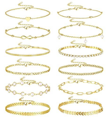 LOLIAS 12-14 Stück Fußkette Damen Sommer Strand Schmetterling Kette Fußkettchen Armband Geschichtet Einstellbare Größe Fußschmuck Tennis Fussketten für Frauen Gold Ton von LOLIAS