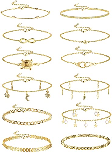 LOLIAS 6-12Pcs Fußkettchen für Damen Set Nette Charms Fußkettchen Boho Strand Fußkettchen Lagenkette Damen Fußschmuck Verstellbar (C-12pcs Fußkettchen) von LOLIAS