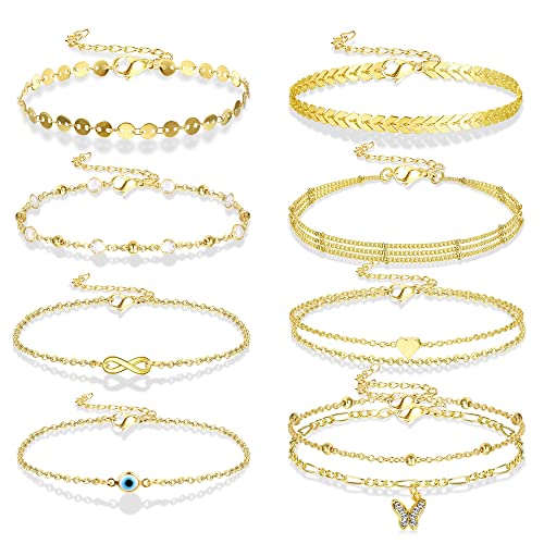 LOLIAS 9 Stücke Fußkettchen für Damen Teenager Gold Silber Mehrschichtiger Schmetterling Böser Blick Herz CZ Strand Verstellbares Zierliches Fußkettchen Set von LOLIAS