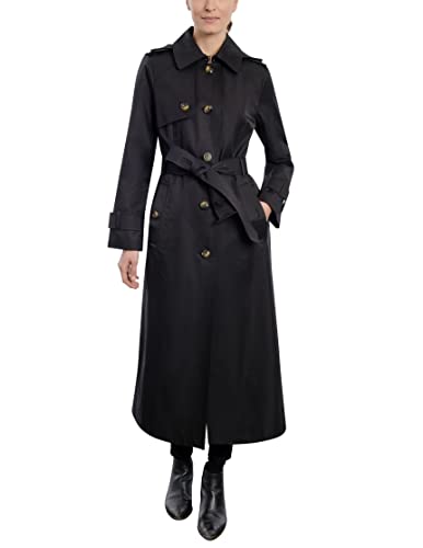 LONDON FOG Damen Einreihiger Langer Schulterklappen und Gürtel Trenchcoat, Schwarz, M von LONDON FOG