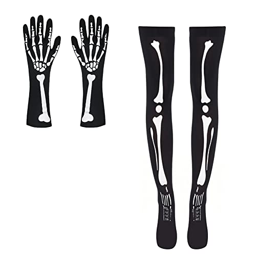 Halloween Skelett Strümpfe Hanschuhe Set Knochen Strumpfhose mit Langen Handschuhen Horror Kniestrümpfe Elastisch Overknee Strümpfe Cosplay Mottoparty Kostüm Fasching Karneval Dress-up Requisiten von LONTG