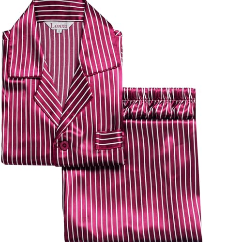 Herren Satin Short Pyjama Set Nachtwäsche Loungewear S ~ 4XL, Weinrot gestreift, XX-Large von LONXU