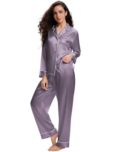 LONXU Damen Seide Schlafanzug Pyjama Grau X-Small LONXU Damen Seide Schlafanzug Pyjama Grau X-Small von LONXU