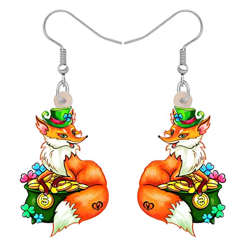 LONYOO Acryl St. Patrick's Day Grüner Hut Fuchs Ohrringe Baumeln Schmuck Klee Fuchs Geschenke für Frauen Mädchen (Orange) von LONYOO