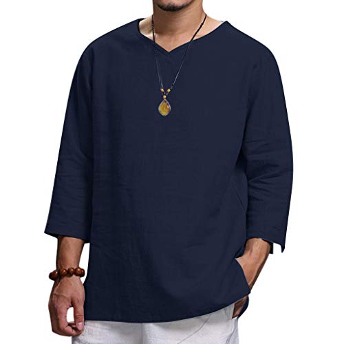 LOPILY 3/4 Arm Hemd Herren Einfarbig Leinen Henry Kragen Hemden für Männer Sommer Oberteile Lose T-Shirt Luftig Freizeit Casual Tops Bluse Locker Einfarbige Shirts (Marineblau, M) von LOPILY