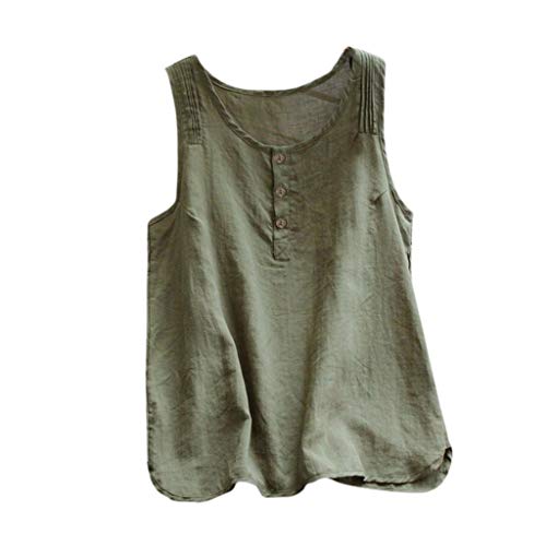 LOPILY Damen Tunika Ärmellos Leinen Tops Große Größen Locker Leinenbluse mit Knöpfen Bluse Elegant Bluse Damen Elegant Weiß Bluse Blumenmuster Damen Sommer Bequeme Schluppenbluse (Armeegrün, XL) von LOPILY