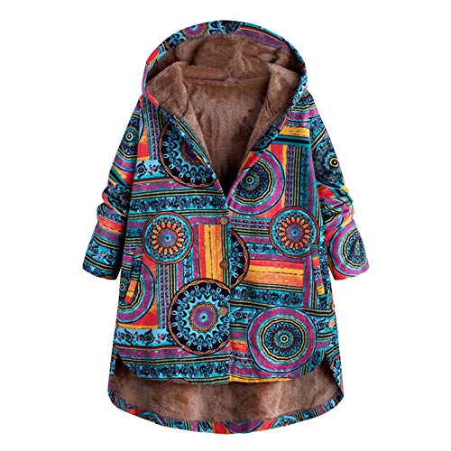 LOPILY Jacke Damen Boho Bunt Mantel mit Innenfleece Winterjacke Damen Warm Lang Bunt Hippie Blumendruck Übergangsjacke mit Reißverschluss Fleece Kapuzenjacke Große Größen Vintage Parka von LOPILY