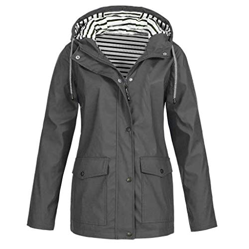 LOPILY Jacke Damen Gestreifte Wasserdichter Regenmantel Fieldjacke Damen Winddichte Winterjacke Parka Damen Herbst Kapuze Outdoorjacke Wetterfest Windbreaker Übergangsjacke Winter (Grau, 42) von LOPILY