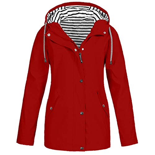 LOPILY Jacke Damen Wasserdicht Atmungsaktiv Winddicht Regenmantel Gestreifte Kapuze Windjacke Herbst Sportliche Übergangsjacke Kapuzenjacke Outdoorjacke für Camping Wanderjacke (Rot, 46) von LOPILY