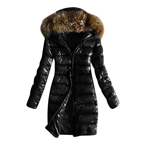 LOPILY Jacke Damen Winter Lackjacke Steppjacke mit Kunstfellkapuze Winterjacke Damen Warm Lang Extrem Dick Warm Wintermantel Übergangsjacke Einfarbig Winterparka Damen (Schwarz, M) von LOPILY