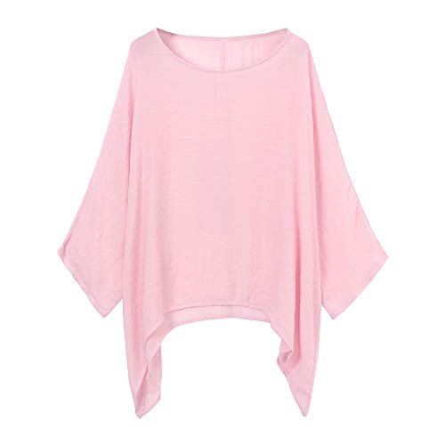 LOPILY Oversize Leinen Oberteile Damen Große Größen Asymmetrische Bluse Federmausärmel Tunika Urlaub Unregelmäßige Saum Shirts Langarmshirts Herbst Lose Lässige Bluse Gr.56 54 52 (Rosa, 54) von LOPILY