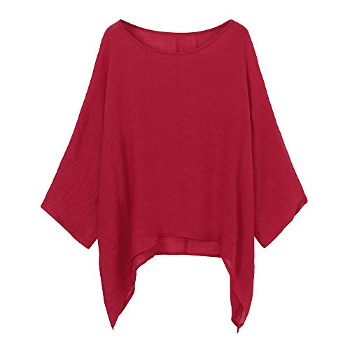 LOPILY Oversize Leinen Oberteile Damen Große Größen Asymmetrische Bluse Federmausärmel Tunika Urlaub Unregelmäßige Saum Shirts Langarmshirts Herbst Lose Lässige Bluse Gr.56 54 52 (Rot, 42) von LOPILY