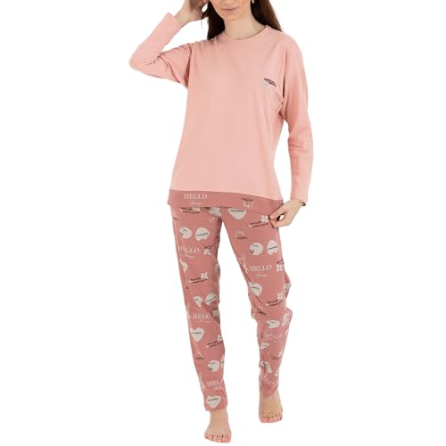 LOREZA ® Damen Pyjama Baumwolle Set Schlafanzug aus Baumwolle Langarm - L - Modell 1 Lachs von LOREZA