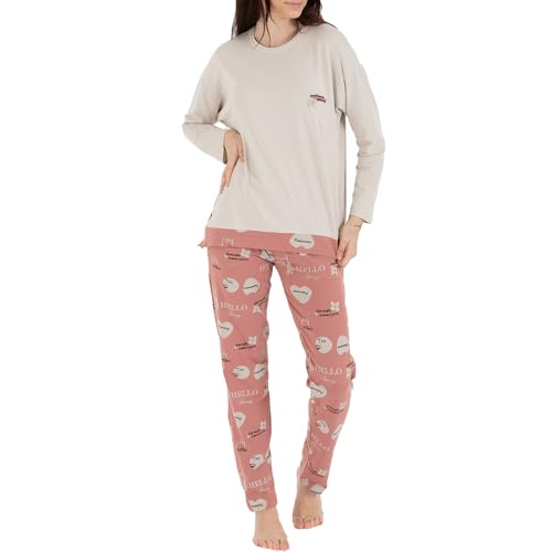 LOREZA ® Damen Pyjama Baumwolle Set Schlafanzug aus Baumwolle Langarm - S - Modell 1 Stone von LOREZA