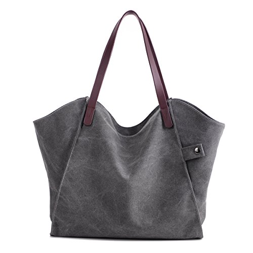 Losmile Damen Leinwand Handtasche Schultertasche Hobo Shopper Strandtasche Handgelenkstasche (Grau) von LOSMILE