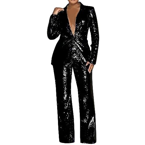 2-teilig Hosenanzüge für Damen ,Pailletten Hose Damen Lang,Glitzer Blazer Damen Party Anzugjacke Set mit Paillettenhose Damenanzug Glitzerhosen Streetwear Elegant Festlich Karneval Faschingskostüme von LOSSLO