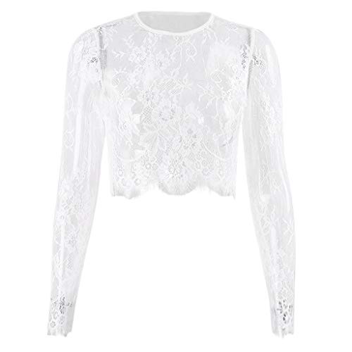 Damen Mesh Oberteil,Spitzen Oberteile Damen Crop Tops Langarm Spitzentop Elegant Bauchfreies Top mit Spitze Netz Oberteil Frauen Sheer Mesh Top Langarmshirt Netzstoff T-Shirt Club Party von LOSSLO